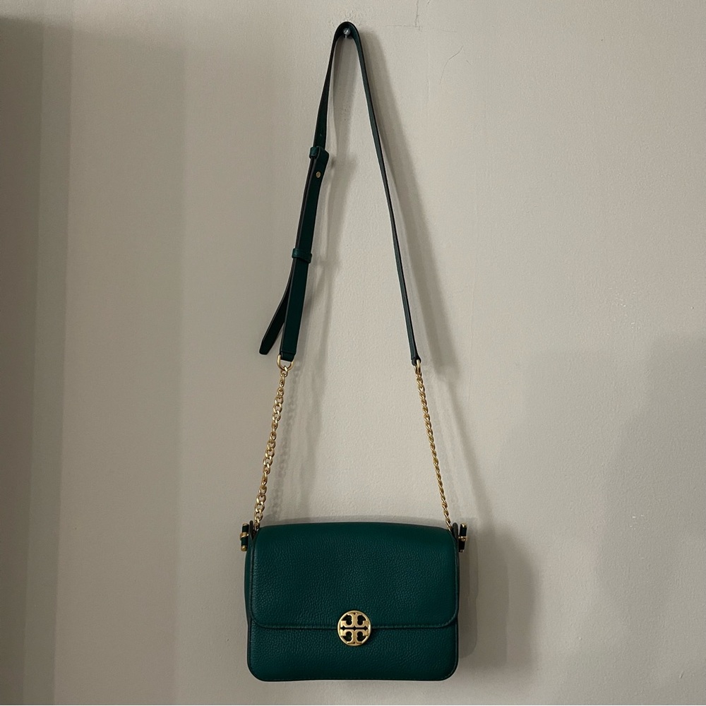 Green tory burch cross body leather bag